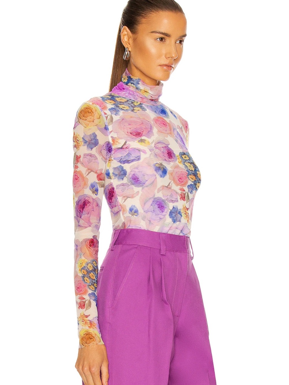 Ganni Floral Printed Sheer Mock Neck Top Size 36